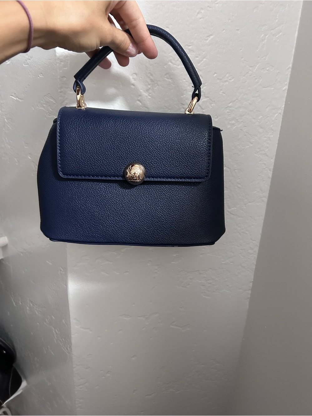 Anne Klein Navy Mini Top-Handle Bag with Gold Accent